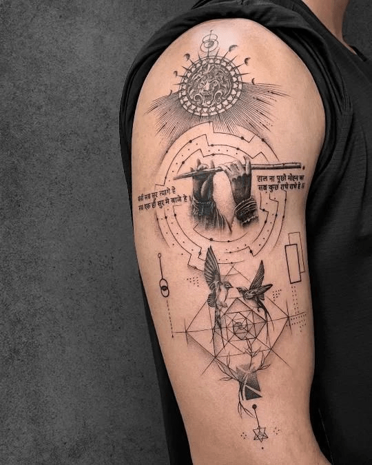 Krishna Flute Tattoo Blended with Modern Geometric Line Art_cleanup